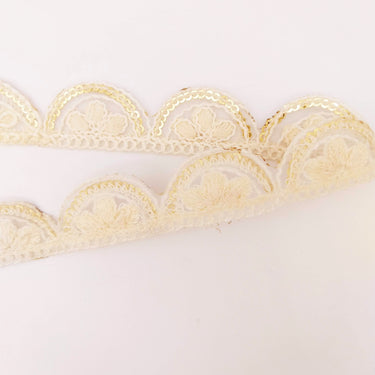 Off White Scallop Lace Trim Embroidered with Gold Sequins, Cutwork Trim, Scallops Wedding Trim